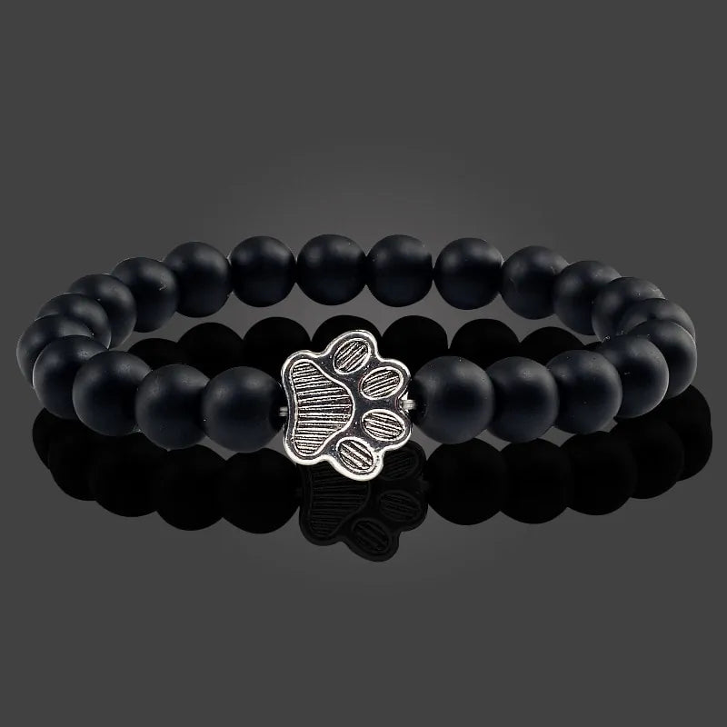 Adjustable Paw Print Charm Bracelet - Natural Matte Black Lava Stone - Valentine's Gift