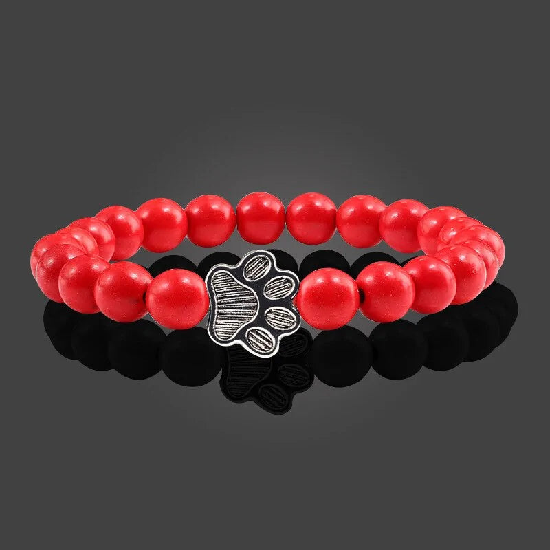 Adjustable Paw Print Charm Bracelet - Natural Matte Black Lava Stone - Valentine's Gift