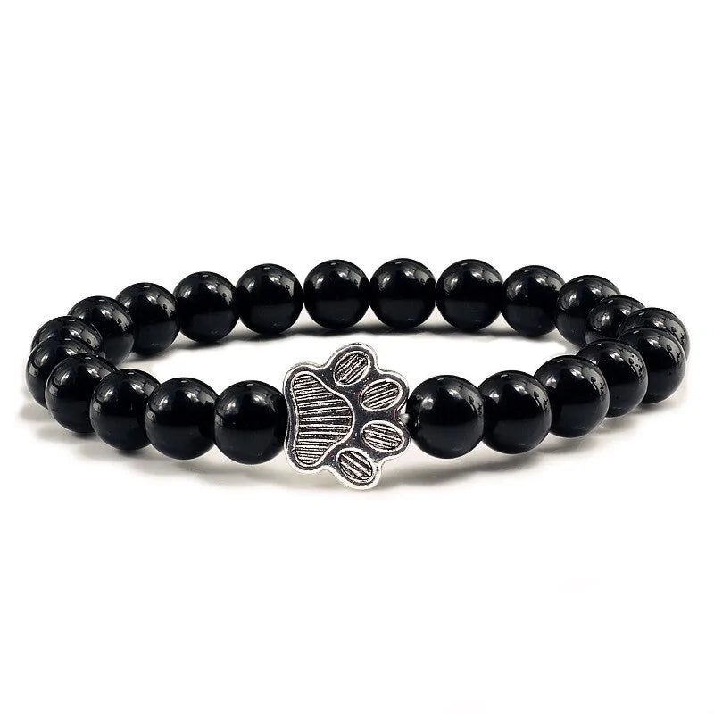 Natural Matte Black Lava Stone Paw Print Bracelet