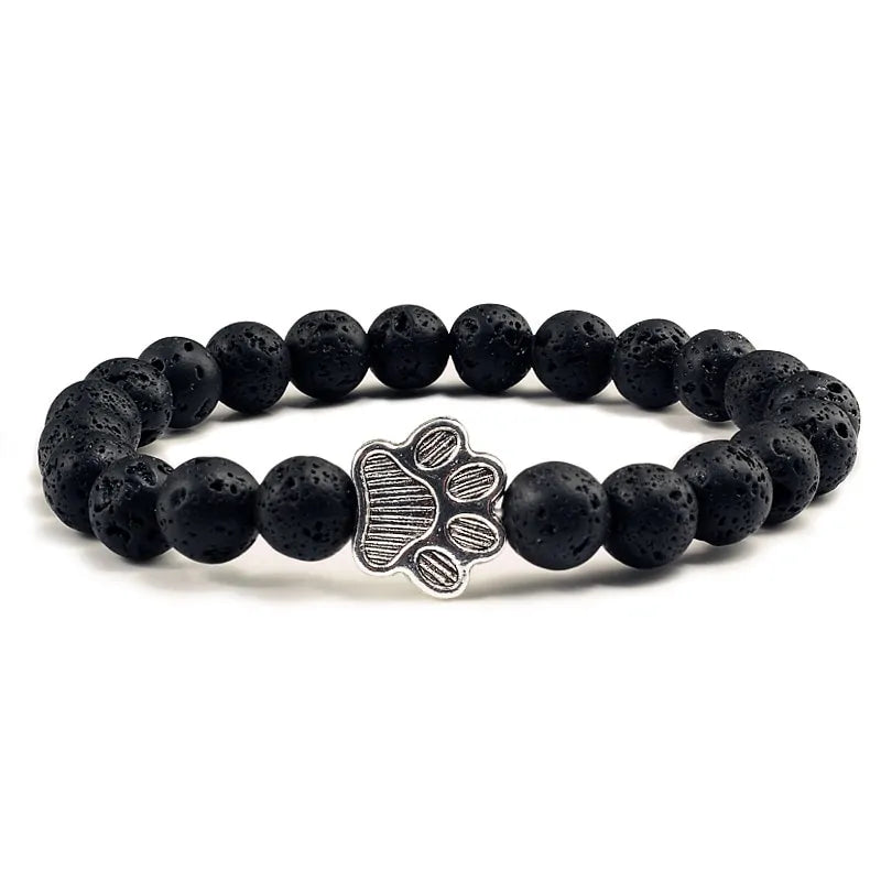 Natural Matte Black Lava Stone Paw Print Bracelet