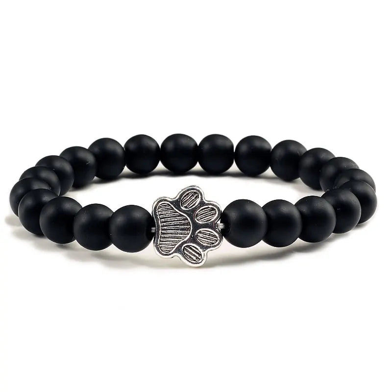 Natural Matte Black Lava Stone Paw Print Bracelet