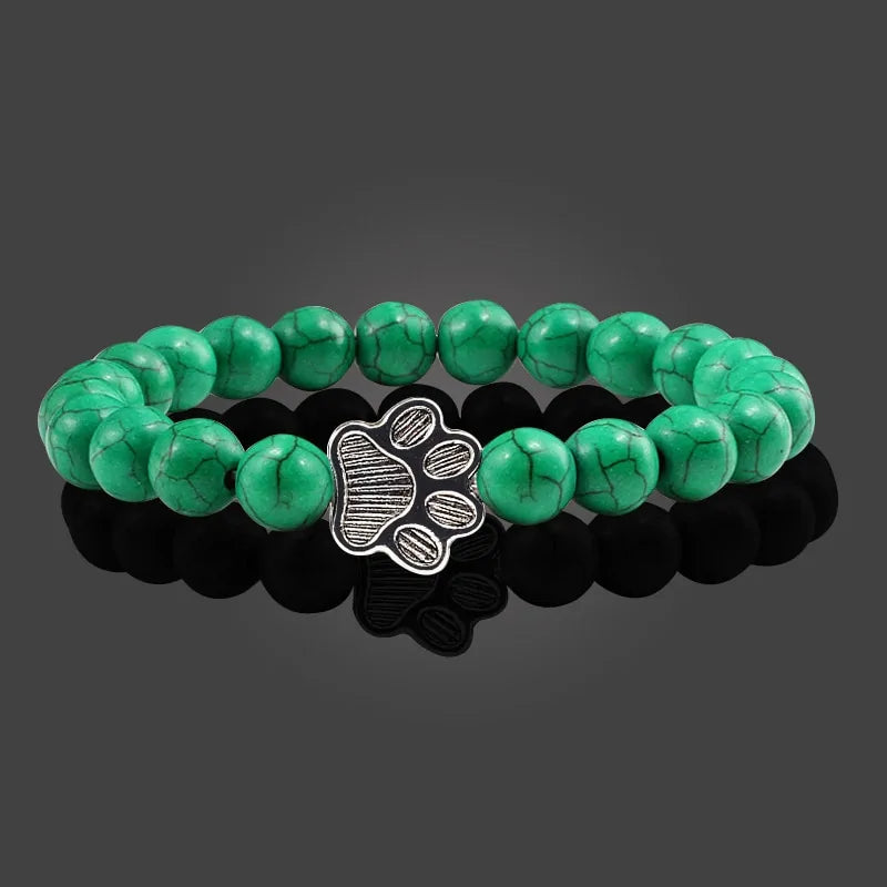 Adjustable Paw Print Charm Bracelet - Natural Matte Black Lava Stone - Valentine's Gift